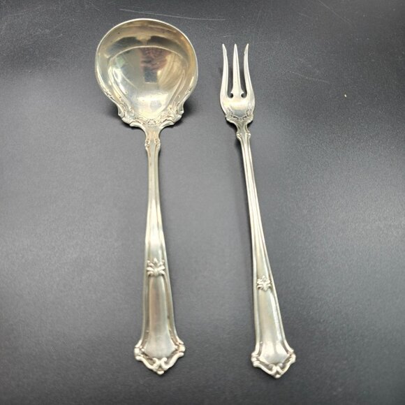 Vintage Wallace Sterling Silver Round Bowl Soup Spoon + Pickle Olive Fork CT36F - Picture 1 of 10